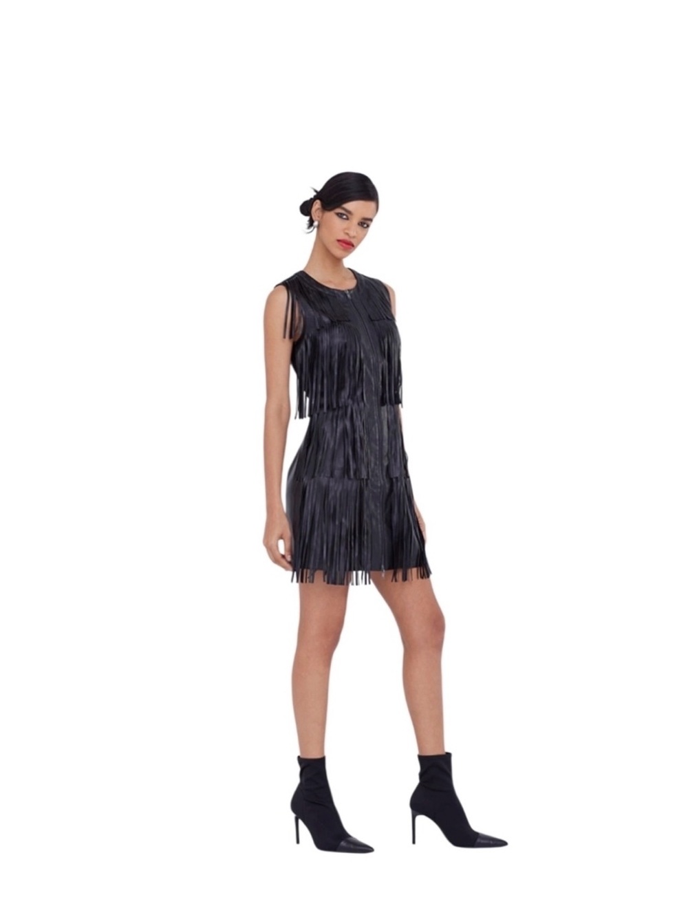 New York & Co Black Fringe Leather Mini Dress- Gabrielle Union